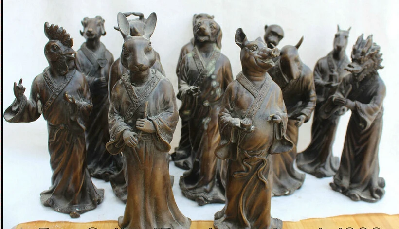 

JP S62 10" Chinese Bronze Stand 12 Zodiac Year Dragon Rabbit Tiger sculpture Statue Set