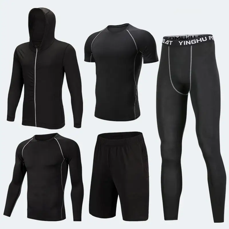 5pcs JY black set Мужские Компрессионные спортивные костюмы, трико для спортзала, тренировочная одежда, комплект для тренировок, бега, спортивный костюм для бега, сухая посадка размера плюс - Цвет: 5pcs JY black set