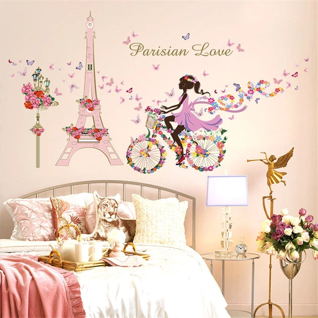 Ragazza farfalle fiori decalcomania adesivi murali decorazioni per la casa  soggiorno camera da letto ragazza in bici con decorazione adesiva farfalla  - AliExpress