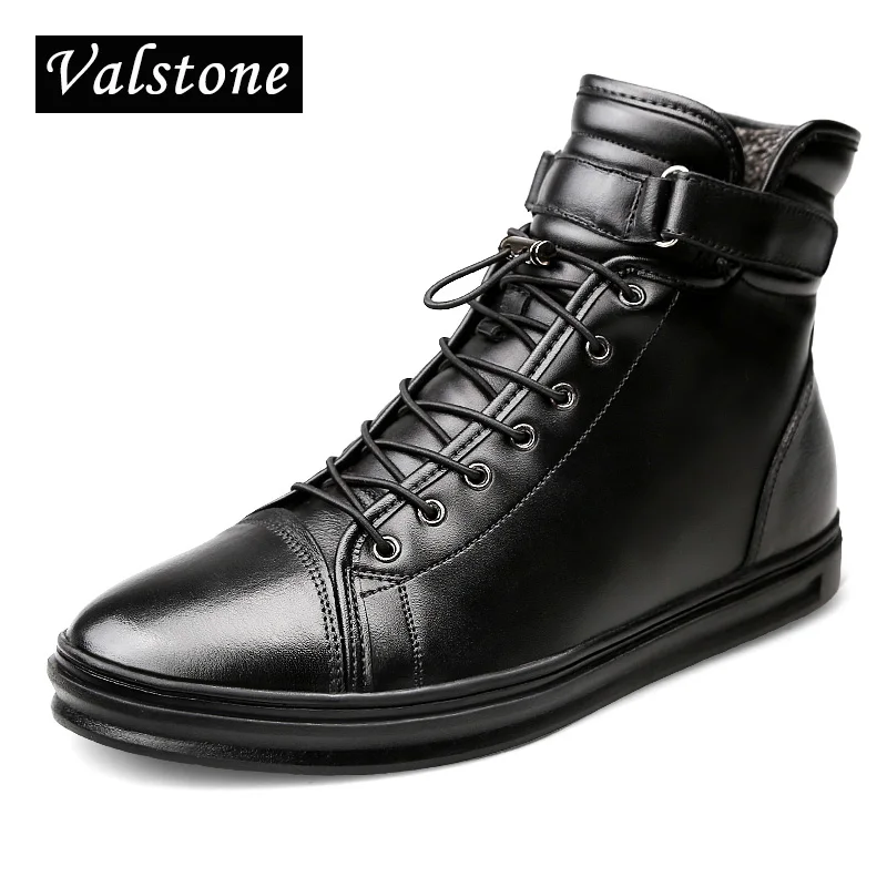 

Valstone Men's High Top Genuine Leather boots Winter warm snow boots Cow leather Hook & Loop sneakers Casual shoes Plus sizes 48