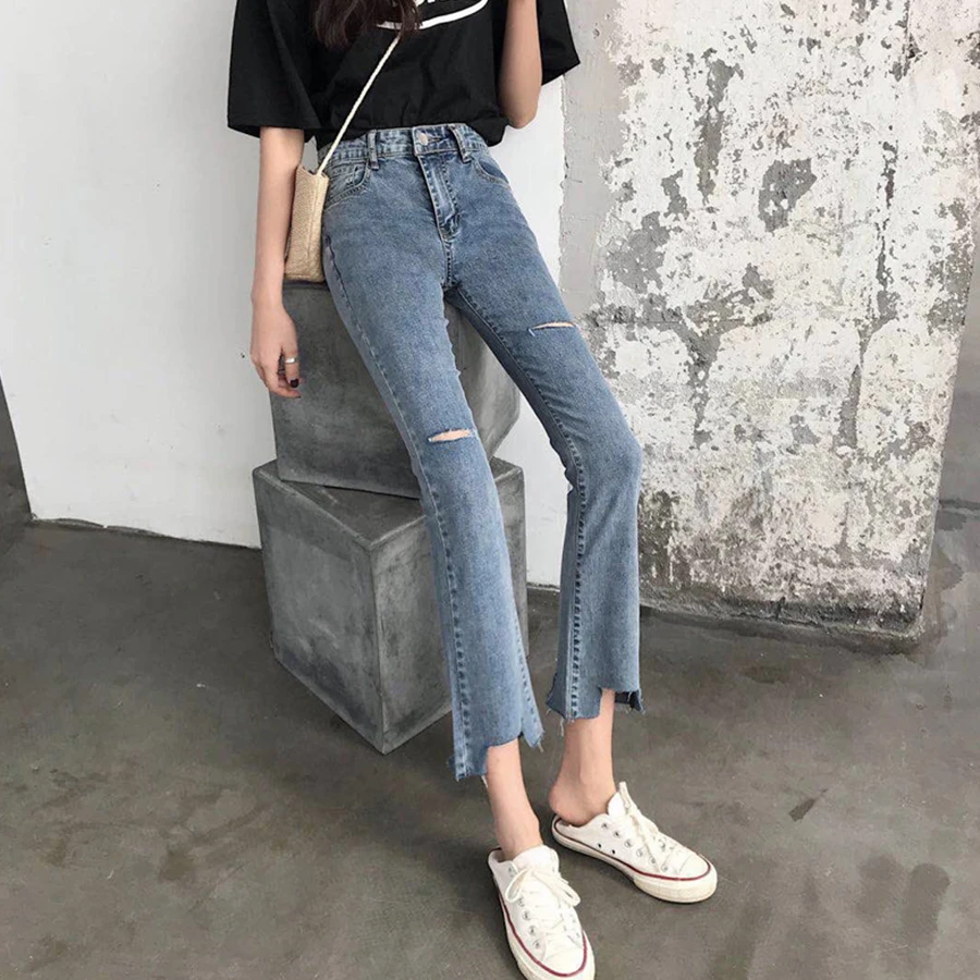 

Summer Korean Version Broken Hole Irregular Denim Trousers High Waist Slim Fashion Trousers Woman Stretch Straight Jeans Girls