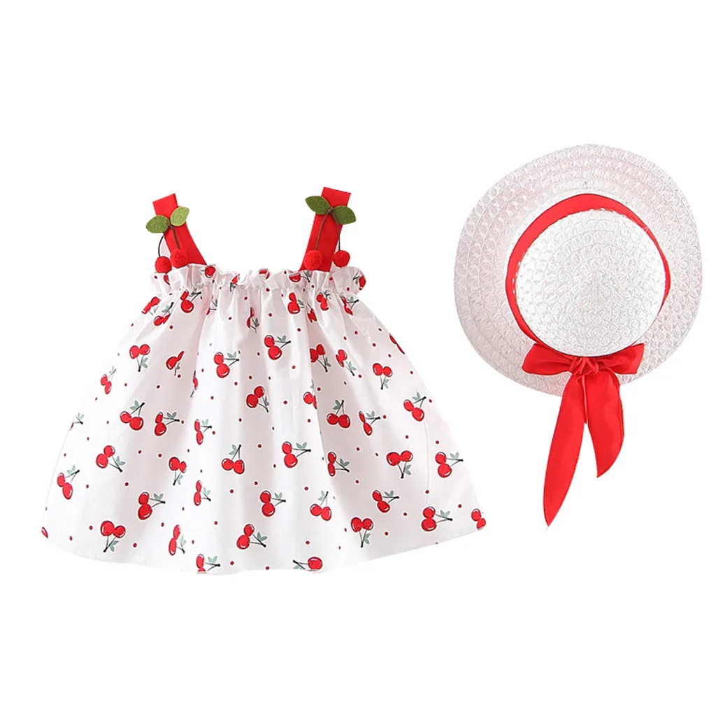 

Summer hot sale Toddler Baby Kids Girls Sleeveless Cherry Princess Dresses Bow Hat Outfits Infant Baby Wholesale