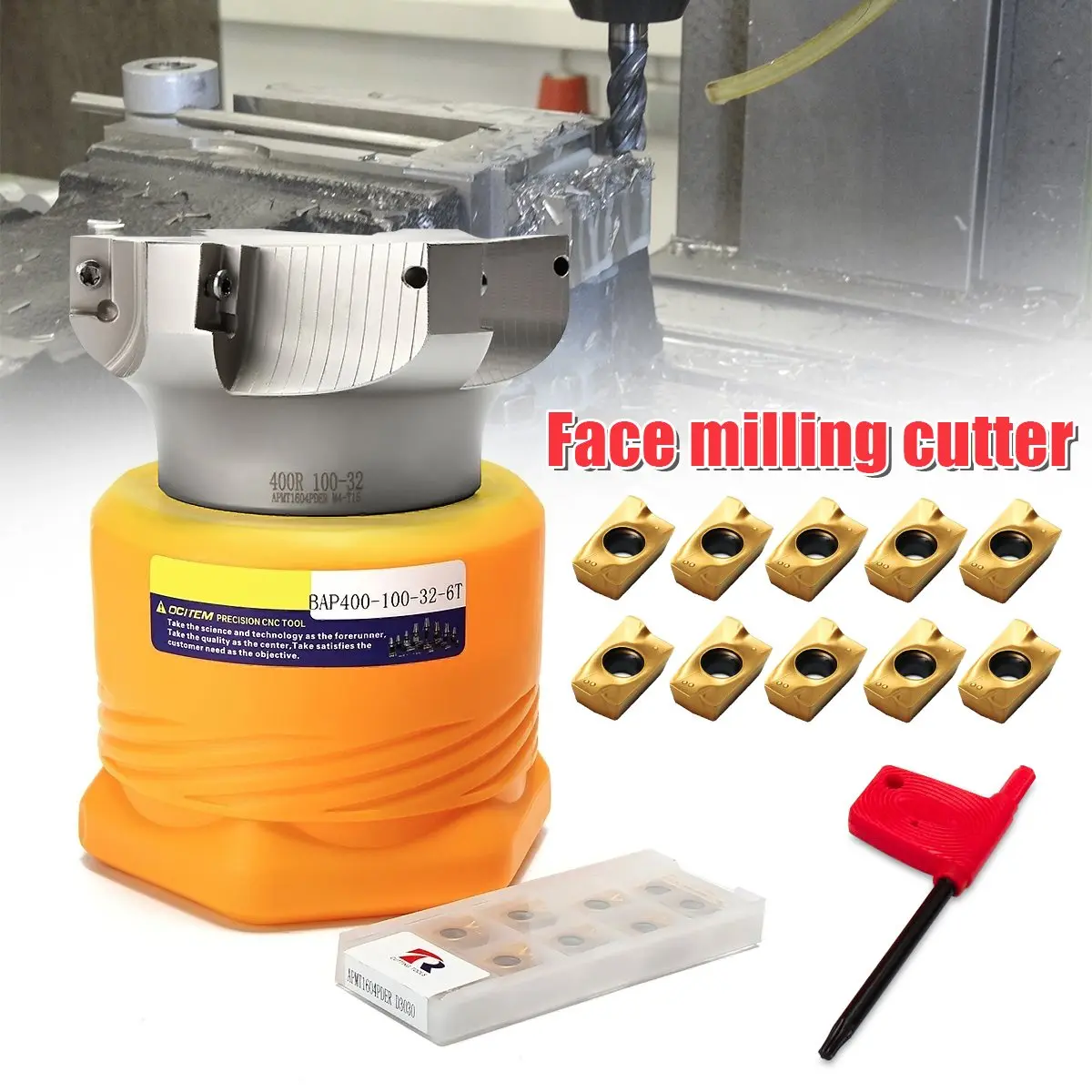 

BAP 400R-100-32-6F Indexable Lathe Tool Face Milling Cutter +10 APMT1604PDER Blades + Wrench