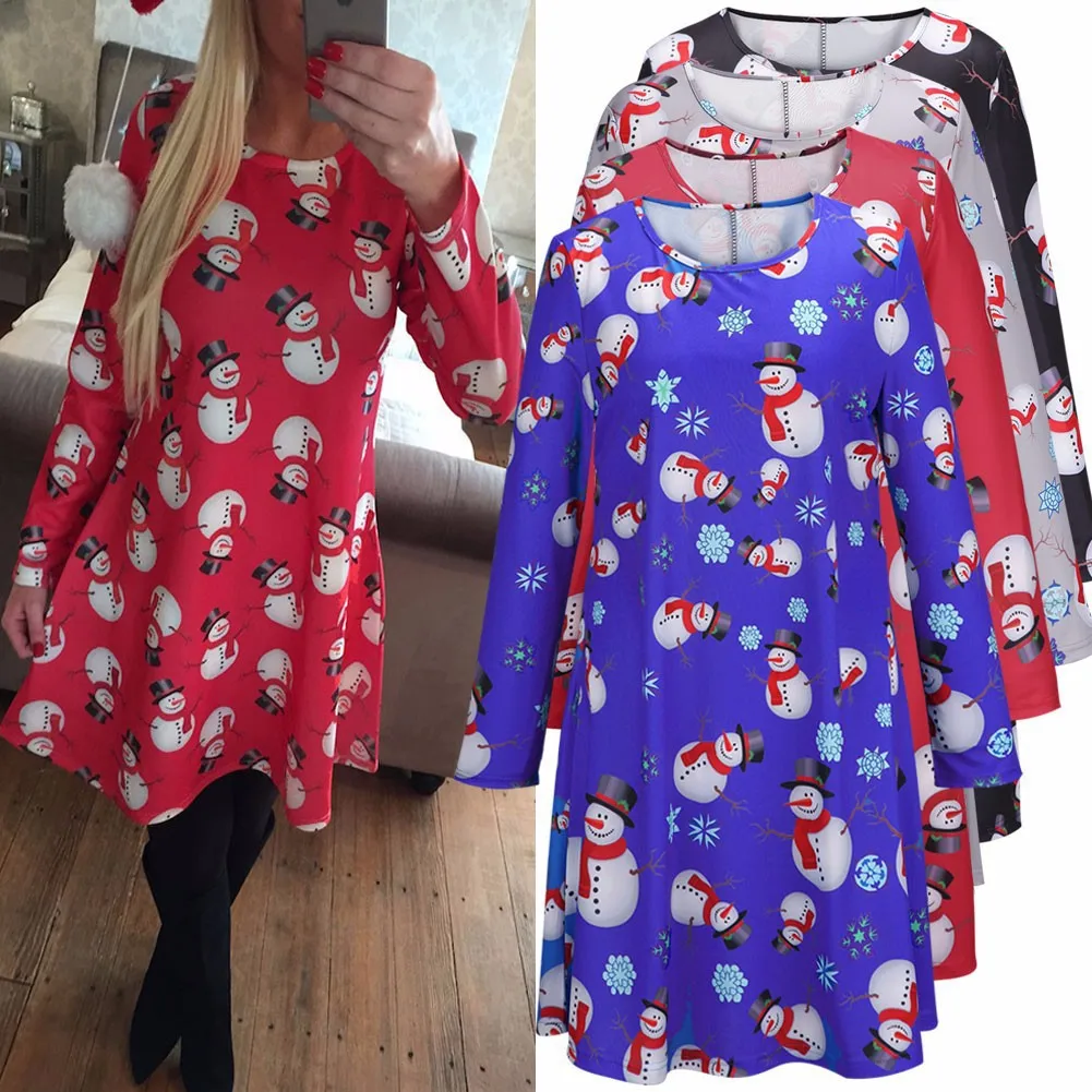 Belva Christmas Snowman Printed Long Sleeved Dress 4 Color Women