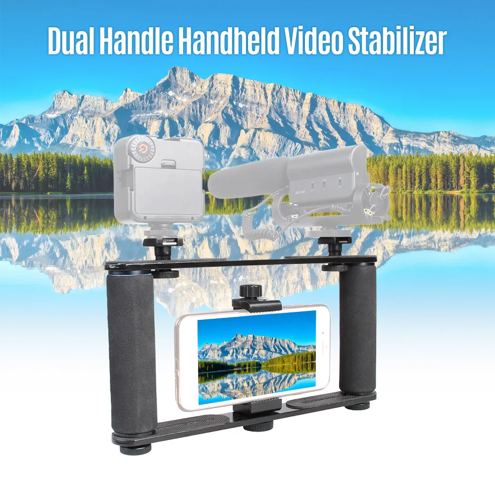 

Portable Handheld Stabilizer Video Cage Dual Handle Grip with Phone Holder Dual Cold Shoe Mounts for Smartphone Action Camera