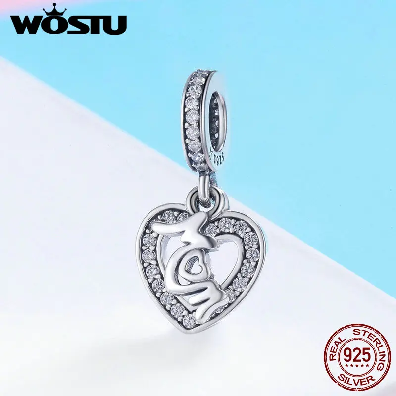 

WOSTU 100% Real 925 Sterling Silver Heart Shape Dangle MOM Letter Beads fit original Charm Bracelets DIY Jewelry Gift FIC789