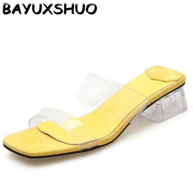 

BAYUXSHUO New Summer Ladies High Heel Slippers Stylish Outdoor Slippers Crystal Square Root High Heels Casual Wild Women Shoes