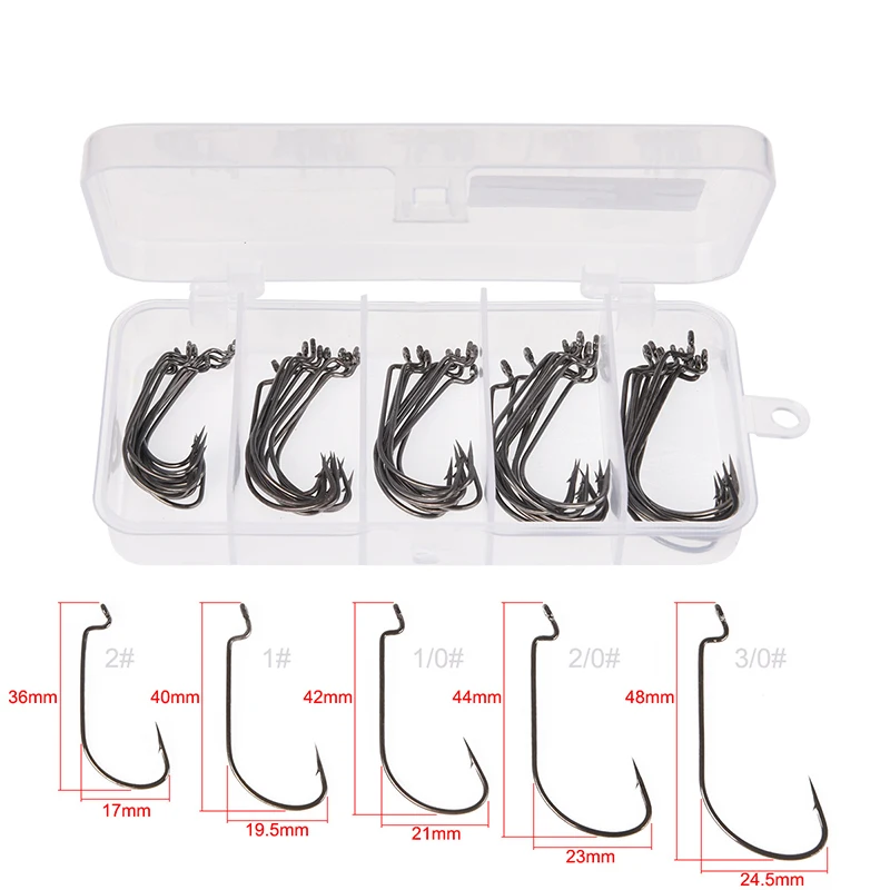 

50pcs High Carbon Steel Crank Hooks Set 5 Size 1# 2# 1/0# 2/0# 3/0# Soft Bait Fish Hook with Storage Box Fishing Tackle GOU006