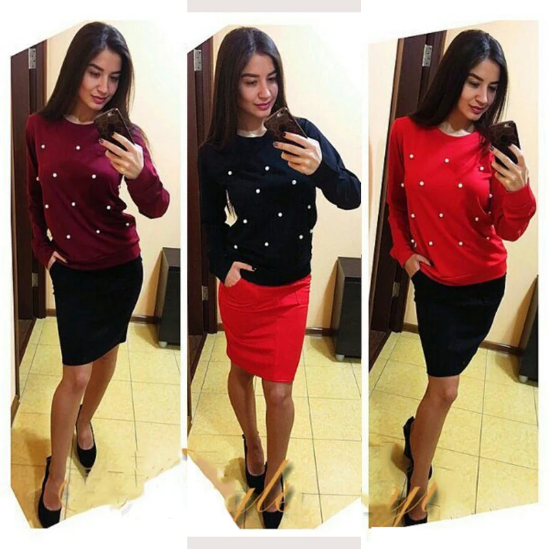 

ZHM 2019 Herbst Winter Perle Perlen Oansatz Langarm Pullover neue mode Warmen Bluse Frauen Sweatshirts pull femme tops