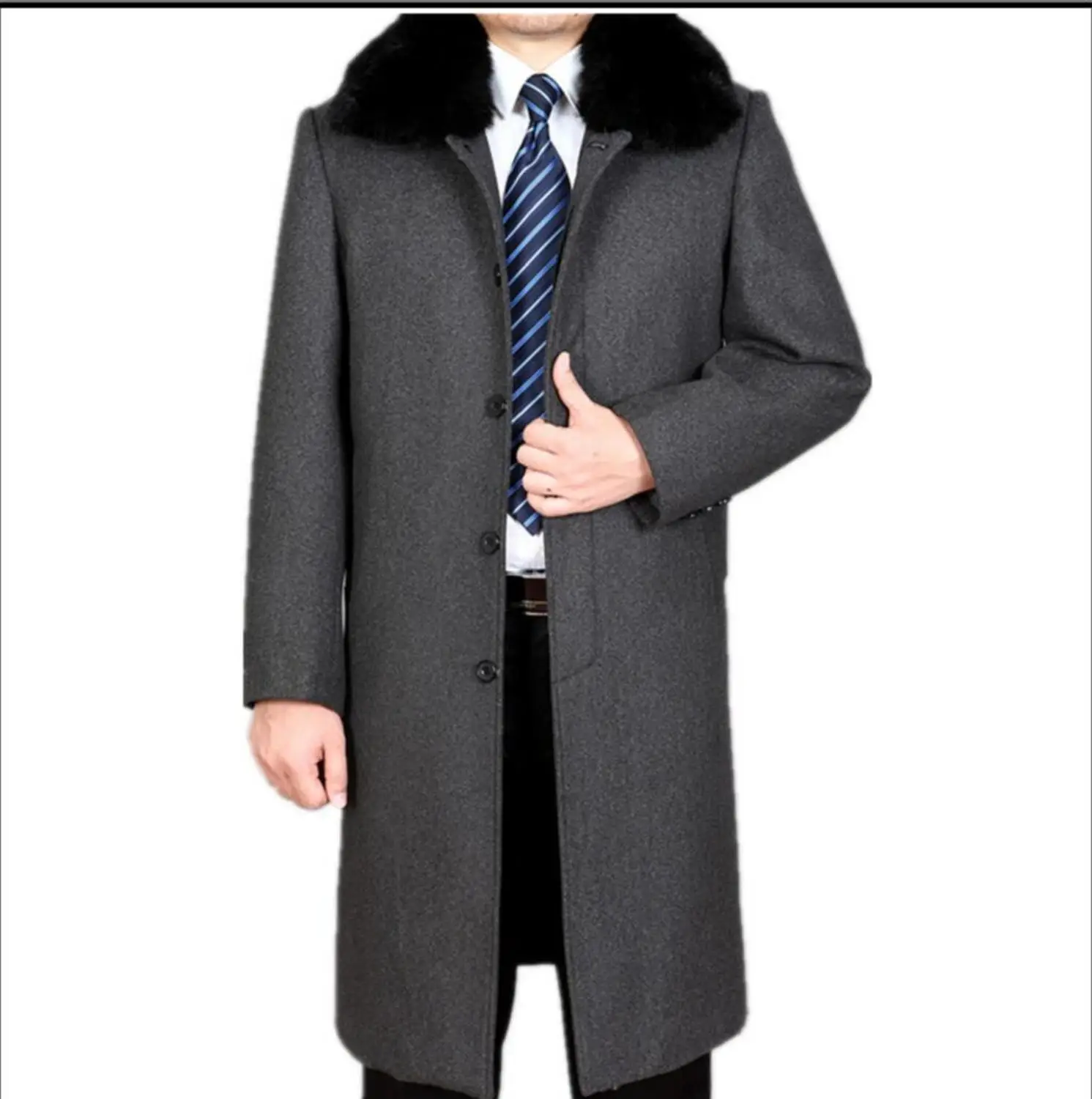 M-4XL, зимнее шерстяное пальто для мужчин, плюс бархат, утолщение, длинный Тренч, пальто для пятидесяти лет, Мужская шерстяная Верхняя одежда с меховым воротником - Цвет: Серый