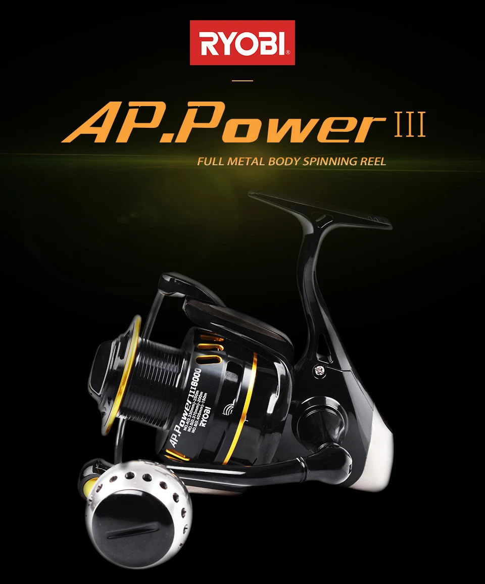 18 оригинальных Спиннинговых Рыболовных Катушек RYOBI AP-POWER-III, 6000, 8000, 10000, передаточное отношение, 5,0: 1, полностью Металлическая катушка для соленой воды, Тяговая мощность 10кг