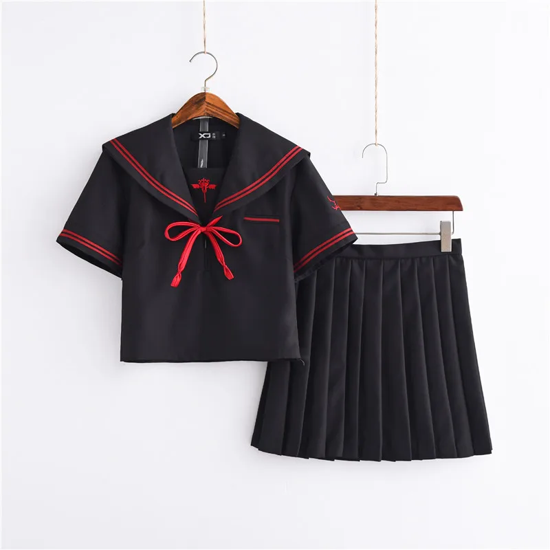 Темный демон вышивка JK Униформа-матроска колледж Ветер набор японский ученик школьная форма женский корейский школьная форма - Цвет: Short Sleeve Set
