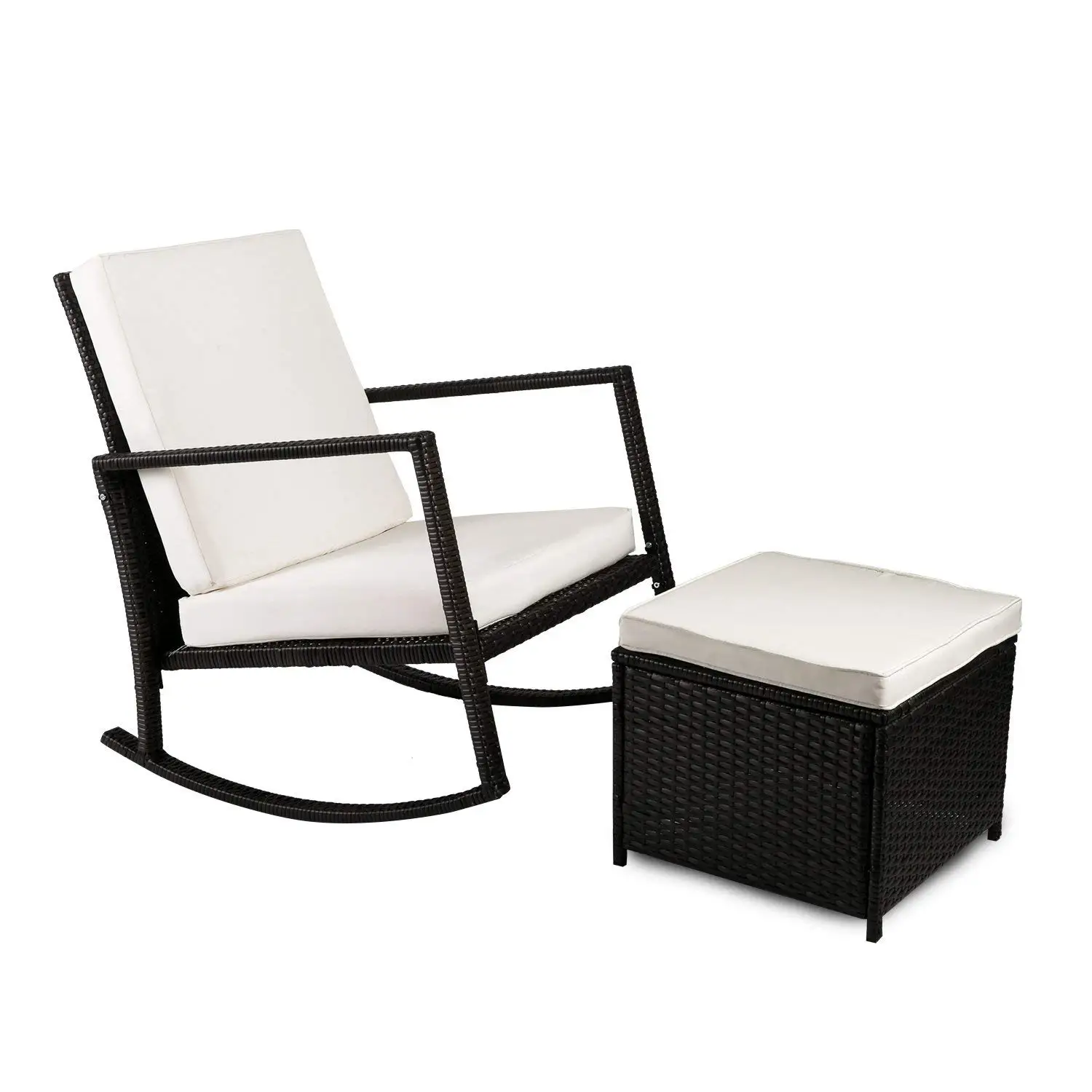 

Outdoor Wicker Rocking Chair and Ottoman with Gray Cushion Rattan Patio Chair Furniture Sets for Pool, Front Porch, Backyard