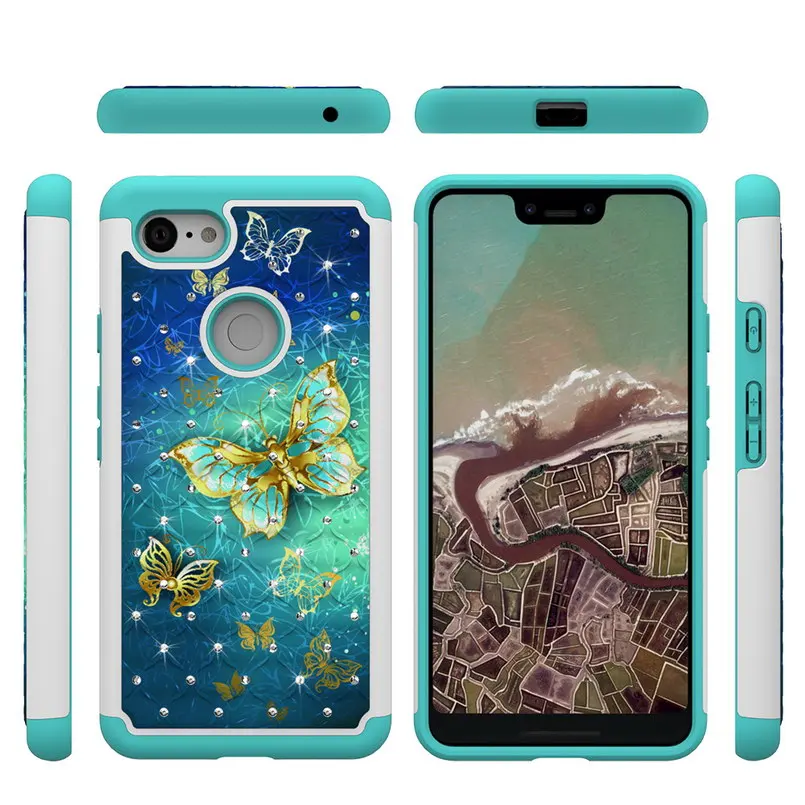 Phone Case for Google Pixel 3 XL Painted Pattern PC and Soft Silicon Bling Glitter Diamond Cover for Google Pixel 3 XL Case 5