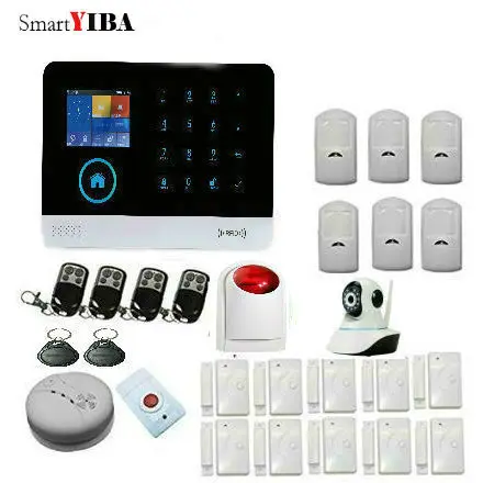 SmartYIBA WIFI GSM SMS Wireless Home Burglar Security Alarm Apps Control GPRS RFID Alarm with Smoke Detection Panic Button