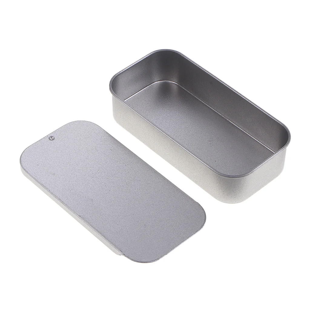 Empty Silver Rectangle Metal Tin with Slide Top, Flat Storage Refillable Containers for Crafts, Pills, Geocaching, Survival Kit