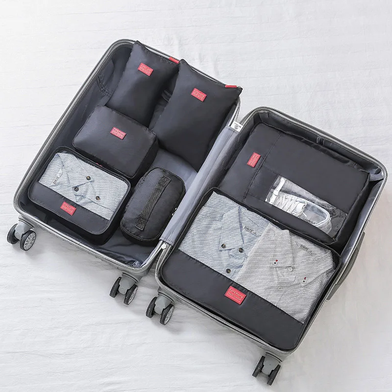 7 шт./компл. багаж для путешествий, органайзер, Одежда Набор для отделки Сумочка для хранения косметики, хранилище для туалетных принадлежностей, сумка для дома, аксессуары для путешествий, XA774Wb - Цвет: Black