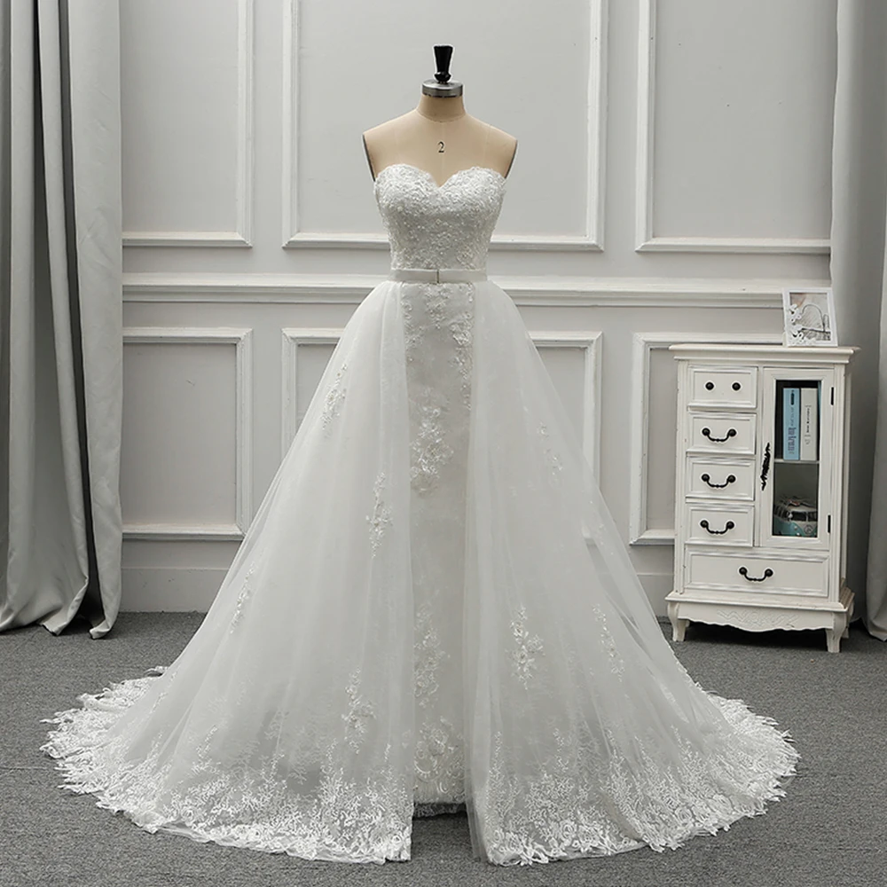 

Gelinlik Detachable Train Wedding Dresses 2019 Ivory Tulle Pearls Appliques Luxury Vestido de Casamento Gorgeous Robe de Mariage