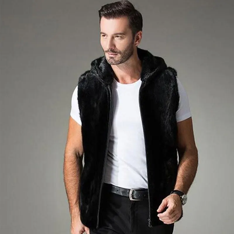 

2018 Autumn and winter men's mink coat, Stand collar and hooded men fur vest, High-end men's thick warm winter zipper waistcoat