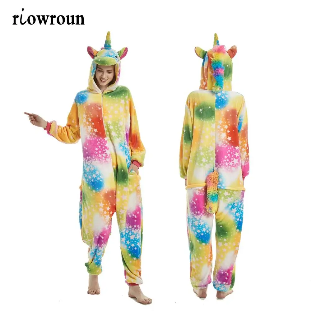 Зимние пижамы с единорогом для взрослых, пижамы с рисунками животных, пижамы с единорогом, Женские Фланелевые пижамы с капюшоном - Цвет: Colorfulstar unicorn