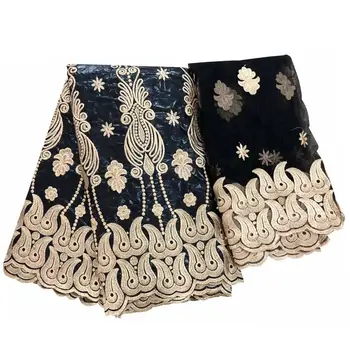

Black High Quality Bazin Riche Lace Fabric With 2 Yards Net Beaded Embroidered Guipure Basin Material For Wedding Dress MJX06