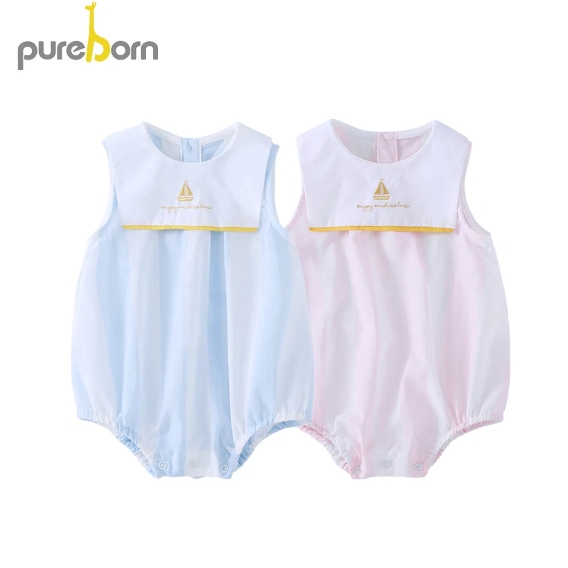 Pureborn/боди для новорожденных; одежда для маленьких девочек с вышитыми моряками в полоску; одежда для маленьких мальчиков; летние хлопковые костюмы-комбинезоны