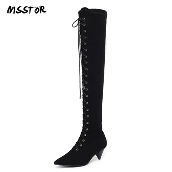 

MSSTOR Spike Heels Lace Up High Knee Boots Winter Fashion Concise Sexy Elegant High Heels Boots Pointed Toe Black Long Shoes