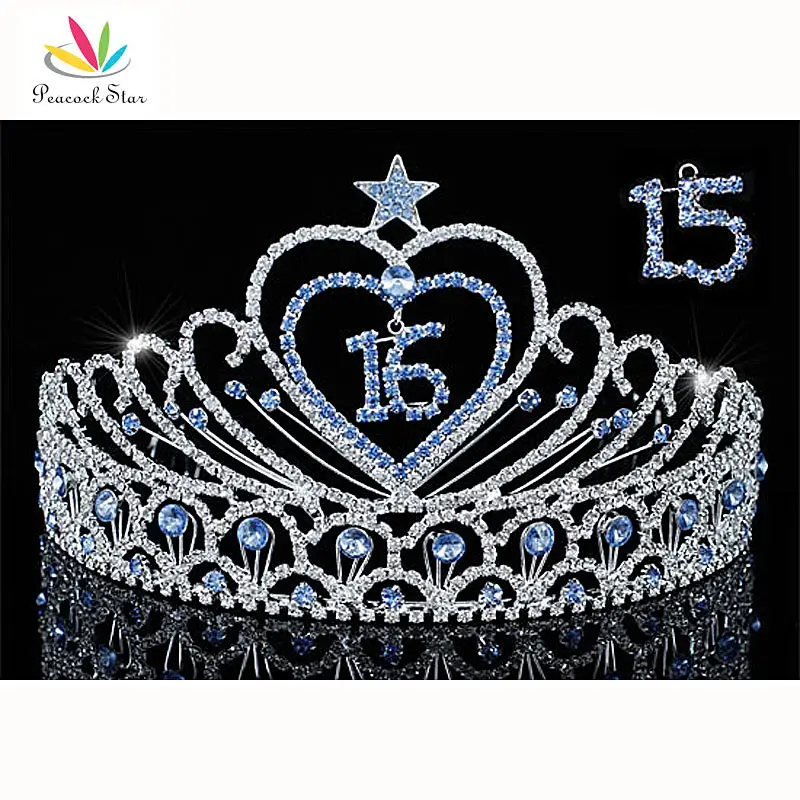 

Peacock Star Sweet 15 & 16 Birthday Crystal Blue Heart Star Quinceanera Tiara CT1550