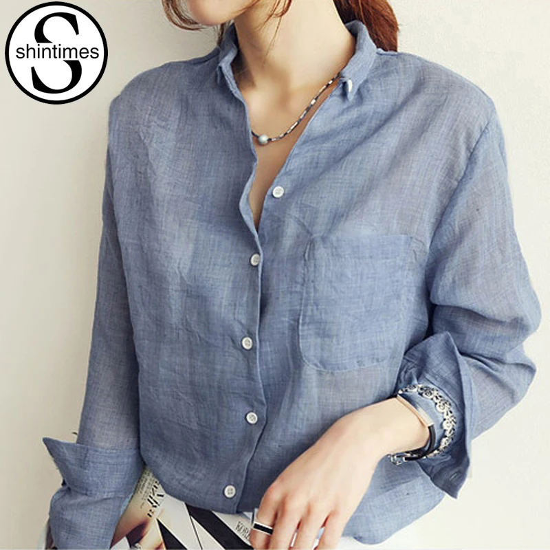 La Señoras Ropa Verano A Shintimes Blanca Mujer Tops Chemise Shirt Larga Manga Delgadas De Shirt 2018 Blusa Bkue gray Blusas Shirt Mujeres Camisa Través white 6OxO0q