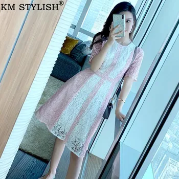 

Japanese women's 2019 summer new style elegant delicate lace embroidery hollow out flowers short sleeve knee-length dress