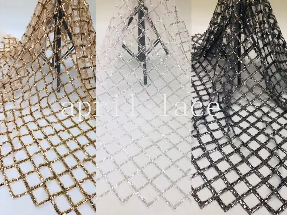 

jcc001 3 color stock 5yards beads grid sequin embroidery tulle mesh net lace for bridal wedding dress