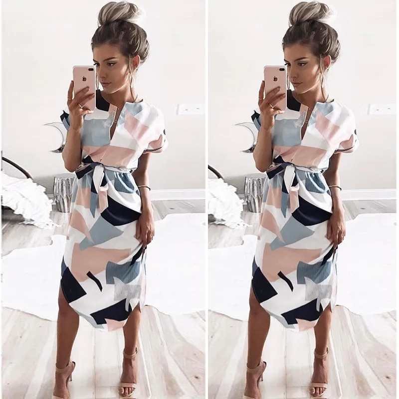 

2019 Women Midi Party Dresses Geometric Print Summer Boho Beach Dress Loose Dress Vestidos De Fiesta Plus Size XS-3XL