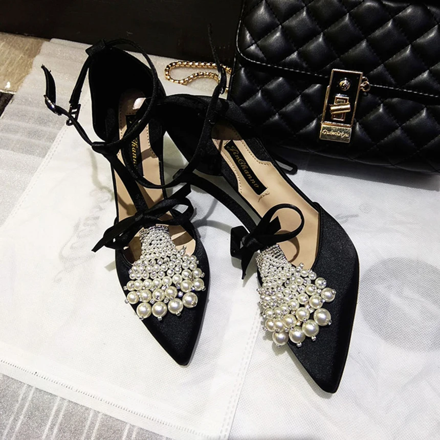 Kmeioo/элегантные босоножки с жемчугом; свадебные туфли; женские туфли на высоком каблуке со стразами; туфли с острым носком на тонком каблуке; туфли на шпильке с ремешком на щиколотке и бантом
