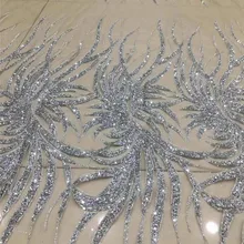 Серебряная блестящая французская Сетка кружевная ткань с приклеенными блестками H-181026 кружевная африканская Тюль кружевная ткань