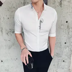 Мужская рубашка в британском стиле, модная летняя рубашка с коротким рукавом, мужская приталенная рубашка с вышивкой, уличная белая