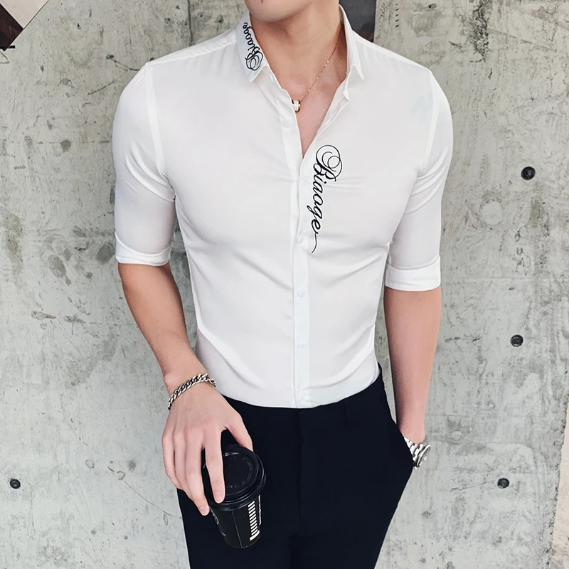 

British Style Men Shirt Fashion Summer Half Sleeve Shirt Men Slim Fit Embroidery Streetwear White Shirt Night Club Prom Tuxedo
