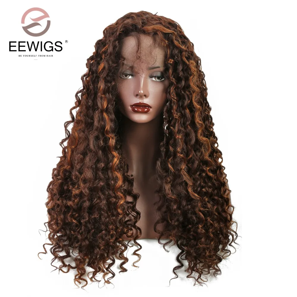 Long Kinky Curly Synthetic Lace Front Wig Brown Wig Heat Resistant