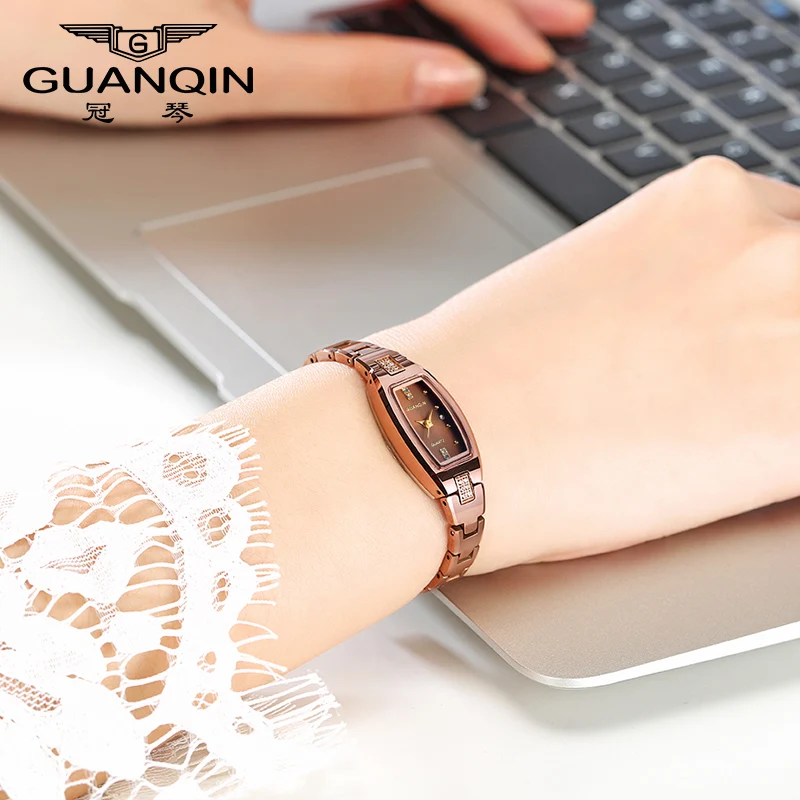 Женские часы из вольфрамовой стали GUANQIN модные кварцевые Tonneau импортные с
