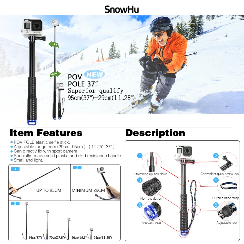Телескопический монопод SnowHu 37 дюймов подходит для камер GoPro Hero 9 8 7 6 Sjcam eken h9 Yi 4K