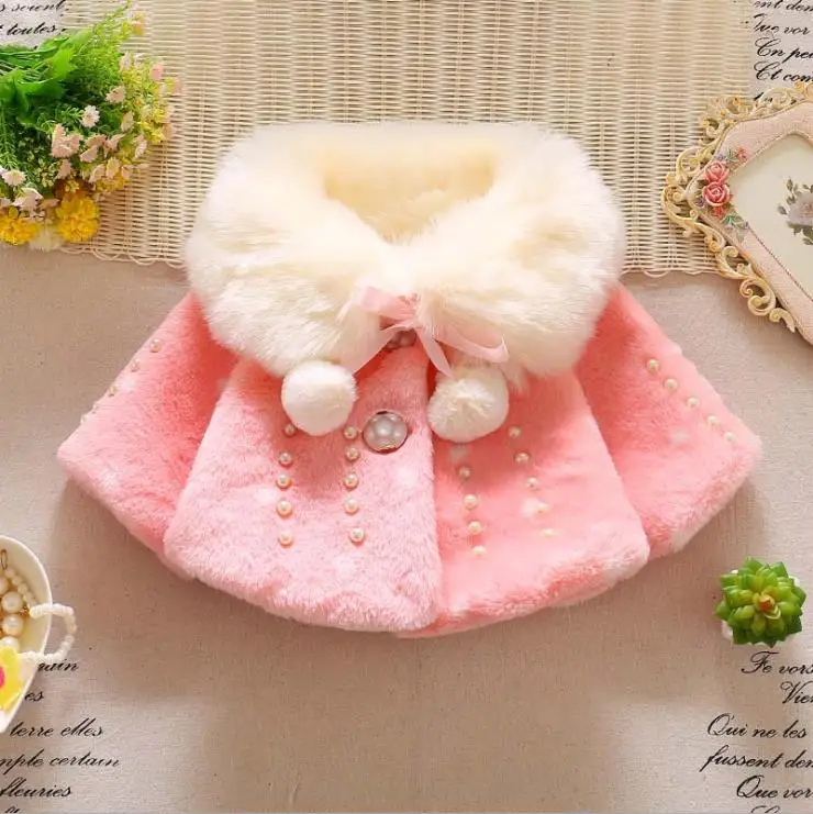 Одежда для маленьких девочек осень-зима пальто для маленьких девочек Искусственный мех жемчуг теплый флис платок младенческой детская верхняя одежда пальто и куртки для принцессы - Цвет: Розовый