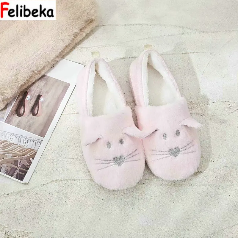 

FELIBEKA winter new style Winter warm slippers female cute cartoon cat indoor floor home adlut shoes girls for gift