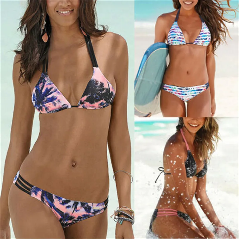 

2019 Summer Palm Leaf Print Women Swimwear Two Pieces Bikini Set Striped Swimsuit Women Push Up Monokini Halter Bathing Suits