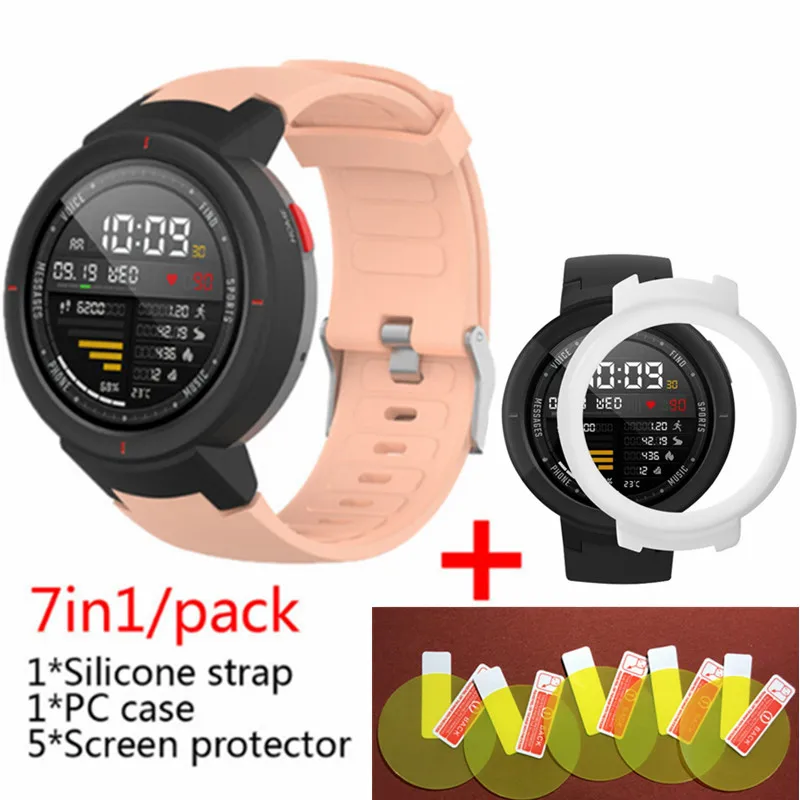 3в1 силиконовый ремешок для смарт-часов Huami Amazfit+ чехол с рамкой+ Защитная пленка для экрана amazfit Verge - Цвет: Pink 4