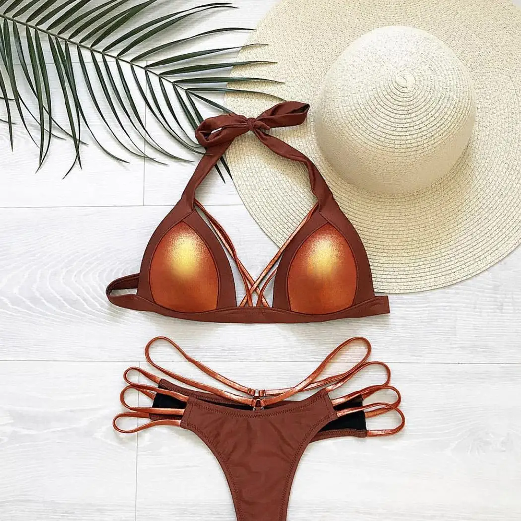 

Women Halter Neck Adjustable Spaghetti Strap Summer Yes Patch Bikini Bottom Set Fashion Beach Wire Free