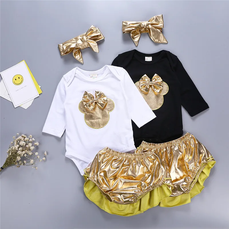 2018 Baby Girl Clothes 3pcs Clothing Sets Black Cotton long sleeve Rompers Golden Ruffle Bloomers Headband Newborn clothes | Детская