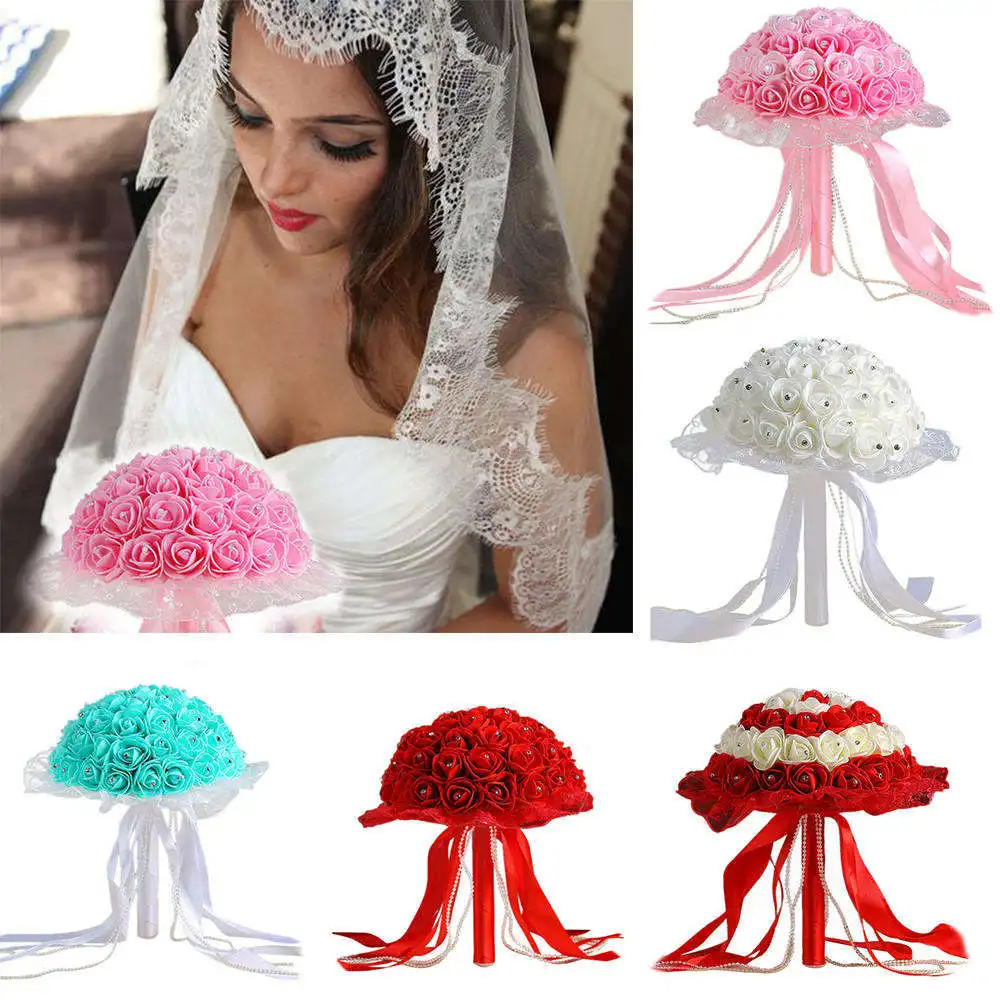 

Wedding Bouquet Bridal Artificial Rose Silk Flower with Silk Ribbons Pearls Rhinestone Wedding Event Party Decor