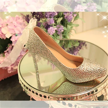 

Womens Wedding Silver Crystal Shoes Ribbon Bow Bling Pointed Toe Shoes Bridesmaid High Heel Platform Party Shoes Ladies Pumps