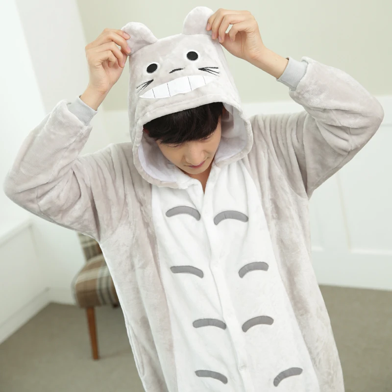 Lovely Cartoon Totoro Cat Onesie For Adults Large Size Flannel Pajamas Kigurumi For Halloween Cosplay Parties Overall Bodysui (7)