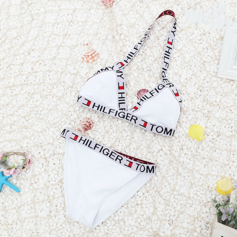 

Soft Lace Up Female Bikini 2019 Two Piece Sale Breathable Padded Bra Letter Bathing Suit Teenage Solid Separate Swimsuit Bandeau