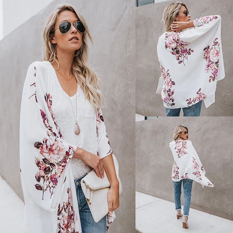 2019 Autumn Retro Floral Kimono Long Sleeve Chiffon Blouse Casual Loose Beach Wear Cover Up Shawl Cardigan Shirt Women Tops